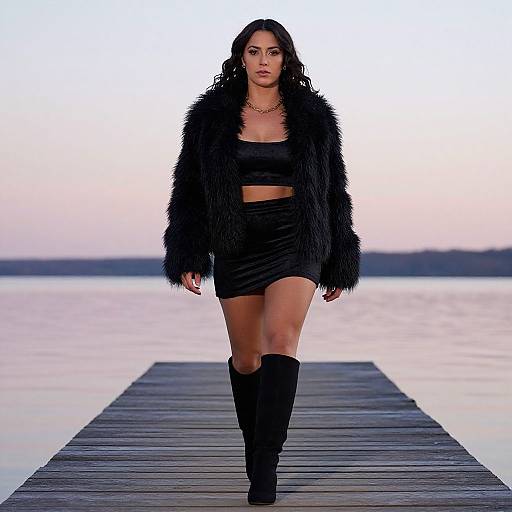 Photograph of a confident woman with long black hair, wearing a black fur jacket, crop top, mini skirt, and knee-high boots, walking on