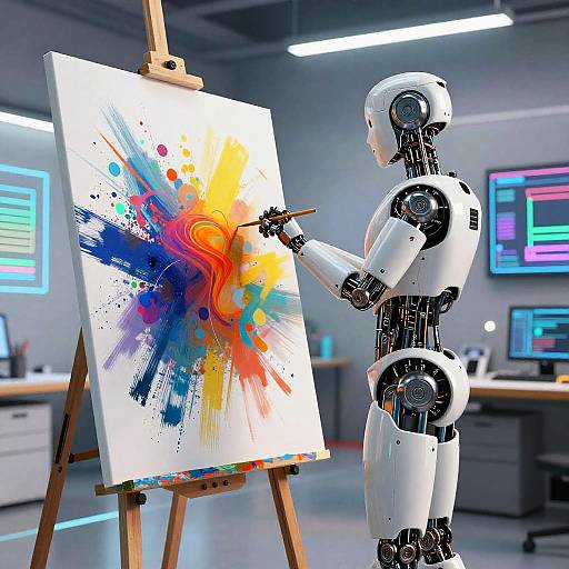 Photograph of a white, humanoid robot painting a vibrant, abstract splatter painting on an easel in a modern, brightly lit studio.