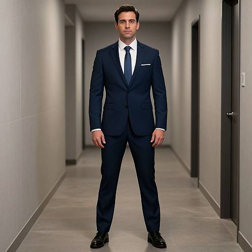 Photograph of a handsome man in a dark navy suit, white shirt, and black tie standing in a modern, narrow, grey-tiled hallway.