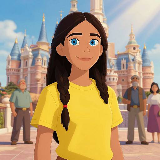 Digital drawing of a young girl with long black braids, blue eyes, and a yellow shirt, standing in front of a colorful Disney castle with blurred