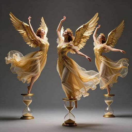 Photograph of three golden-winged ballerinas in flowing, translucent gowns, poised on glass hourglasses, arms gracefully raised against a dark