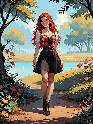 Woman in Floral Bustier Top and Flared Skirt on Forest Path