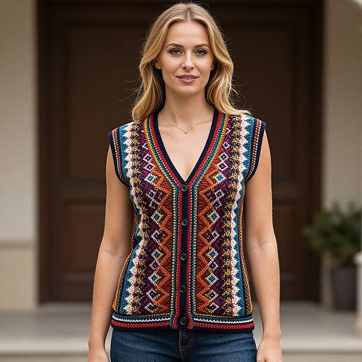 Photograph of a smiling blonde woman with wavy hair, wearing a colorful, patterned sleeveless V-neck top and blue jeans, standing in front