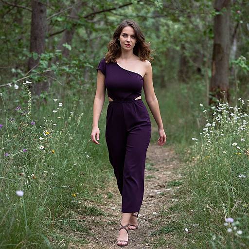 Elegant Woman in Purple Jumpsuit in Forest