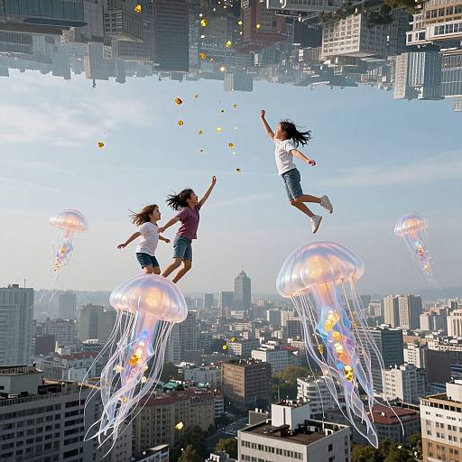Digital artwork: Three girls, with different skin tones and long hair, joyfully leap among glowing jellyfish above a bustling cityscape.