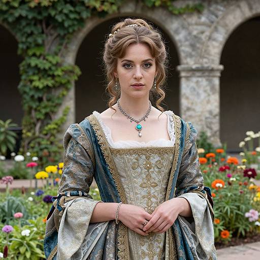 Photorealistic digital image of a young woman with fair skin and brown hair in an ornate Renaissance-style dress, standing in a colorful garden courtyard with