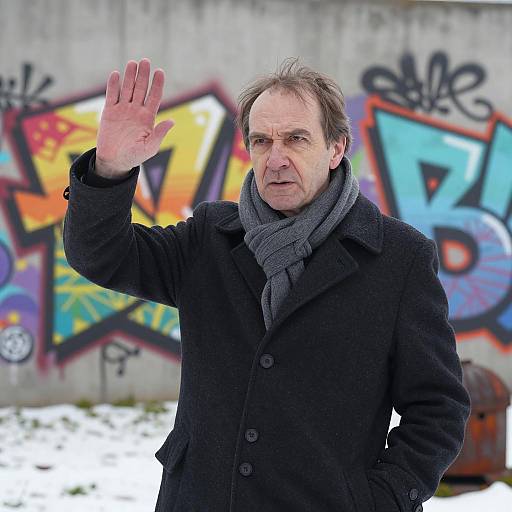 Middle-aged man raising hand by graffiti wall in winter