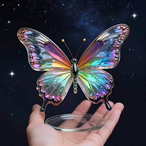 Photograph of a colorful, iridescent butterfly with rainbow wings, held above a hand against a starry night sky background.