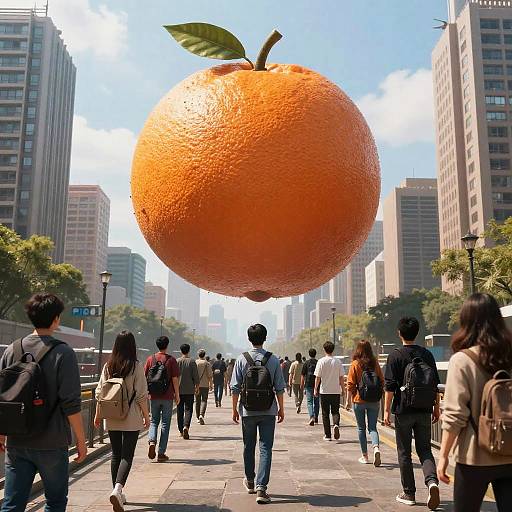 Photograph of a bustling city street with people walking, a gigantic, orange, textured fruit with a leaf hanging above, towering over tall buildings under a
