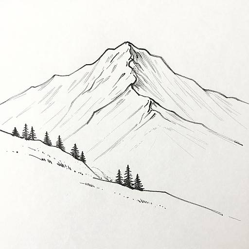 Black and white line drawing of a rugged mountain peak with pine trees scattered on the slopes below. Minimalist, sketch-like style.