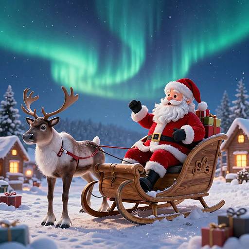 Photograph-style CGI: Santa Claus in red suit, white beard, black boots, riding wooden sleigh pulled by reindeer under Northern Lights, snowy