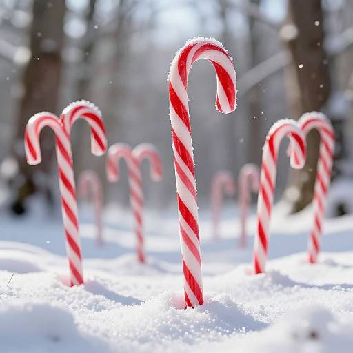 Photograph of red and white striped candy canes standing in snow-covered forest, with blurred tree trunks in the background.