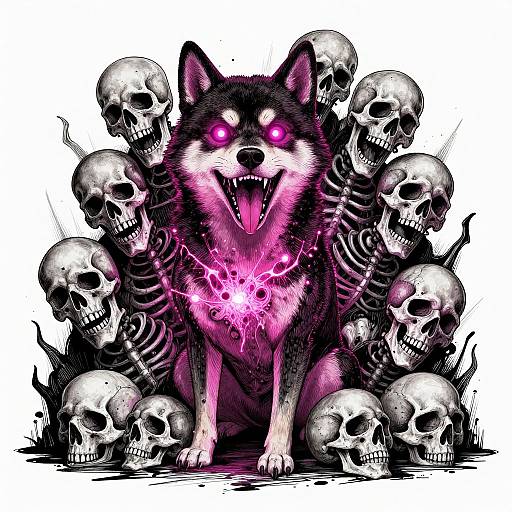 Digital illustration of a glowing pink-eyed, black-and-white wolf surrounded by skulls and skeletons, with a heart-shaped pink aura on its chest.