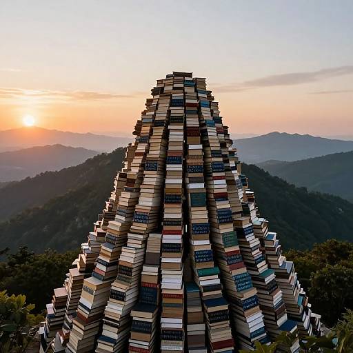 Photograph of a towering pyramid of colorful books against a sunset over mountainous terrain, creating a striking, surreal landscape.