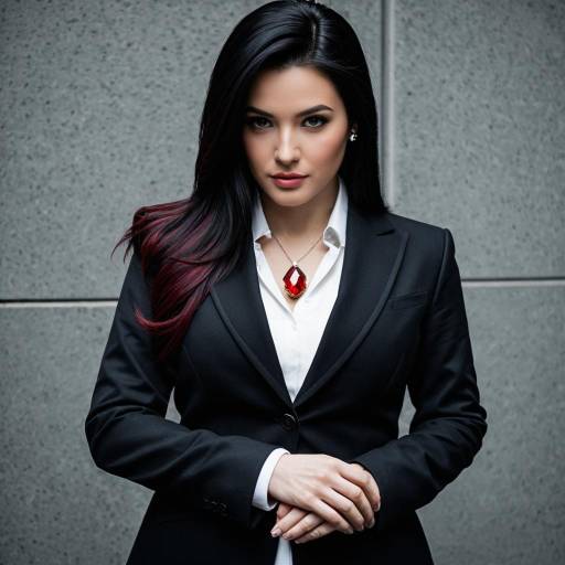 Confident woman in black tailored jacket with red gem pendant