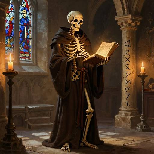 Digitally illustrated image of a skeleton in a black monk's robe, reading a glowing book in a dimly lit, Gothic church. Candles and