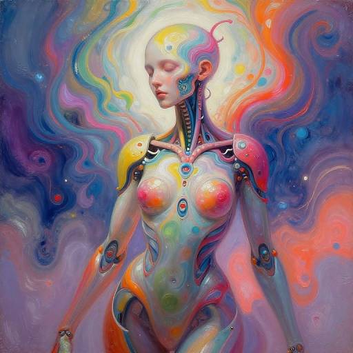 Digital art of a futuristic, nude, cyborg woman with glowing patterns, colorful swirls, and mechanical enhancements, set against a vibrant, abstract,
