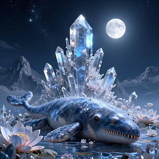 Digital artwork of a glowing blue crystal-worm with jagged teeth, surrounded by luminous crystals and lotus flowers, under a full moon.
