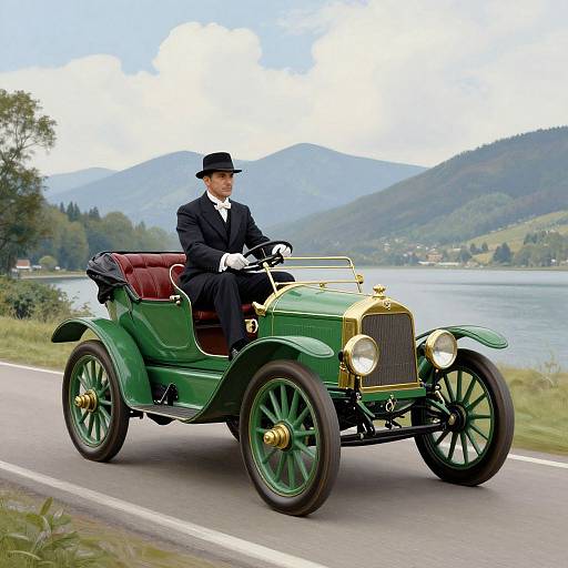 Photograph of a man in a black suit and bowler hat driving a vintage green open-top car with red leather seats along a lakeside road,