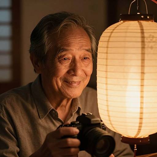 Photograph of an elderly Asian man with gray hair, smiling warmly while holding a camera, illuminated by a glowing paper lantern.