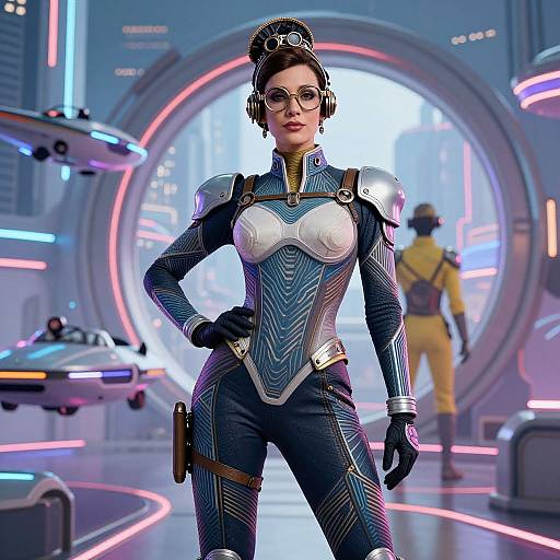 Digital CGI of a futuristic female scientist in a blue, armored bodysuit with white chest plate, standing confidently in a neon-lit, sci-fi