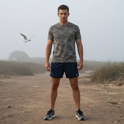 Photograph of a fit, young man in a gray camo t-shirt, navy shorts, and black sneakers standing on a dusty, foggy path
