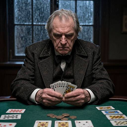 Photograph of an elderly man with gray hair, intense expression, wearing a dark, textured suit, holding poker cards over a green felt table with scattered