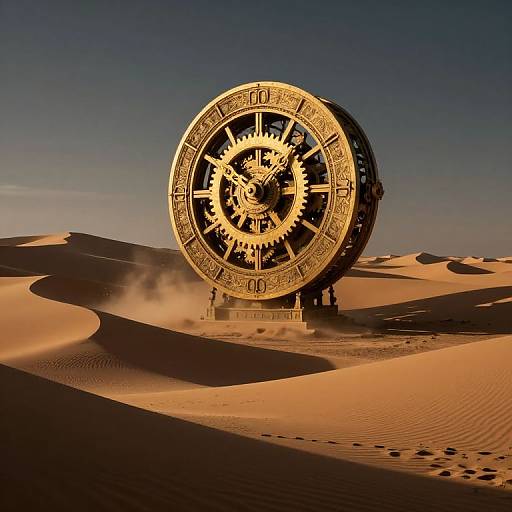 Photograph of a large, ornate, golden clock tower standing in a desert with rippling sand dunes under a clear blue sky.