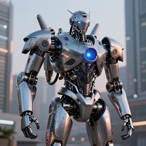 CGI image of a futuristic, silver robot with glowing blue eyes and chest light, standing in a cityscape at sunset.