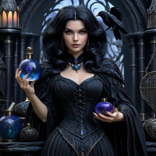 Dark Fantasy Witch with Potion Bottles and Raven