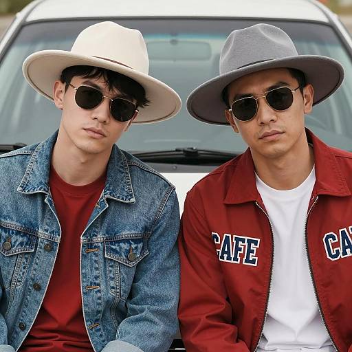 Stylish Duo in Front of a Car