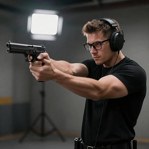 Muscular Man Aiming Handgun in Factory
