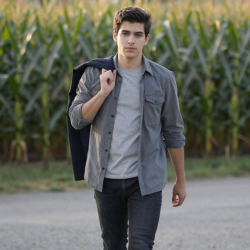 Young Man Walking Through Cornfield