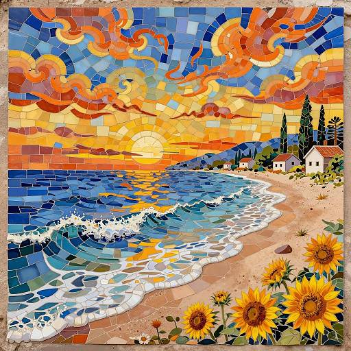 Vibrant Coastal Mosaic Sunset Artwork