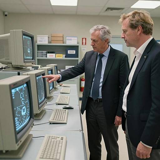 Control Room Scene with Men and Monitors