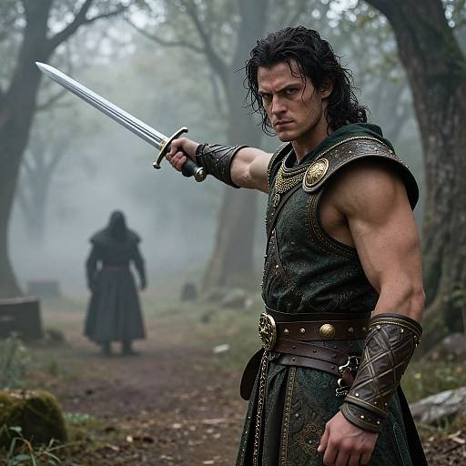 Photorealistic CGI of a muscular, dark-haired warrior with sword raised, wearing armored shoulder pads and belt, in misty forest, another cloaked