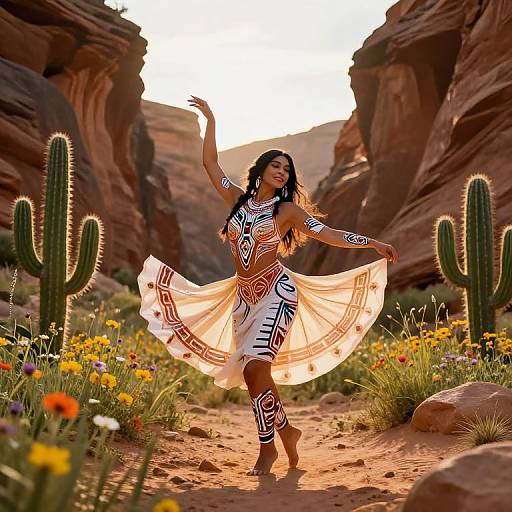 Photograph of a dancing woman with dark skin, black braided hair, wearing a white dress with black and red tribal patterns, in a desert with
