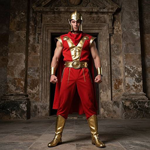 Photograph of muscular man in ancient Roman-style red and gold armor, helmet, boots, standing in dark, stone-walled room.