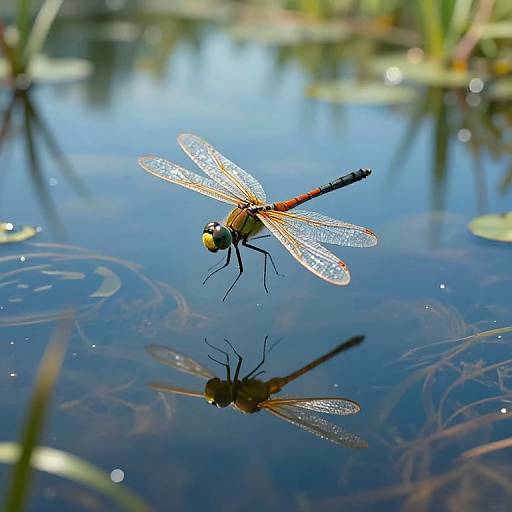 Photograph of a vividly colored dragonfly with translucent wings, hovering above a reflective, blue-tinged pond with lily pads and grass.