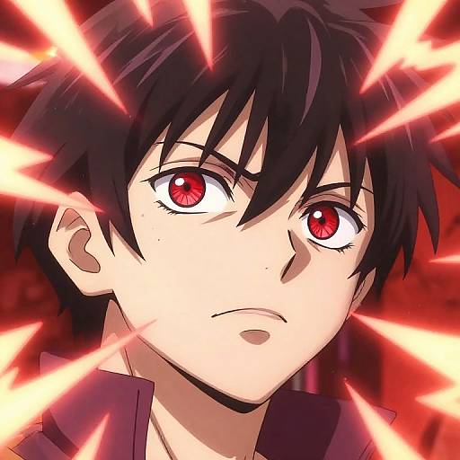Anime-style digital illustration of a black-haired, red-eyed young man with intense gaze, surrounded by glowing red energy beams against a dark red background.