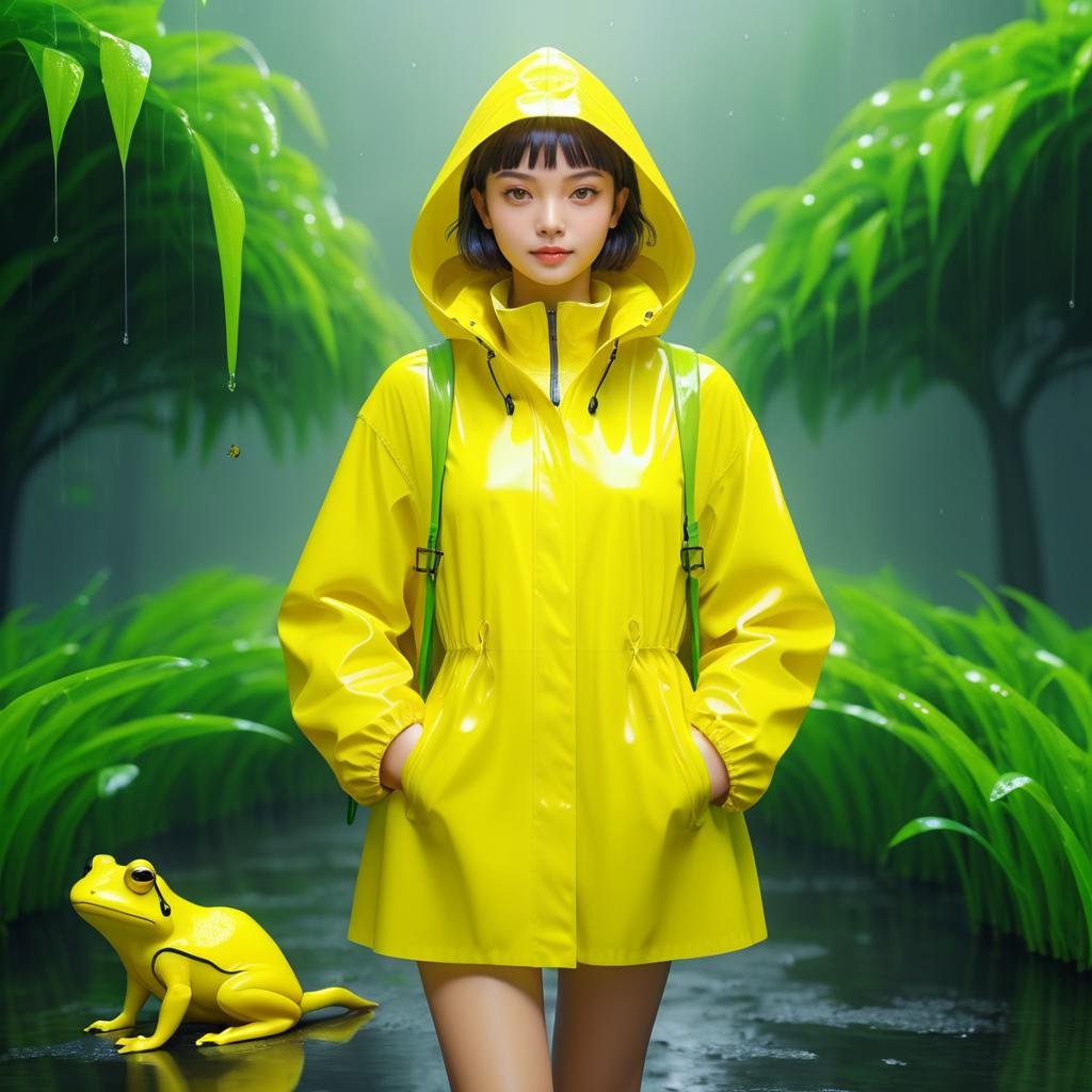 Charming Young Woman in Yellow Raincoat