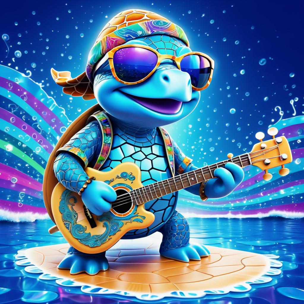 Charming Turtle Guitarist in Vibrant Waves