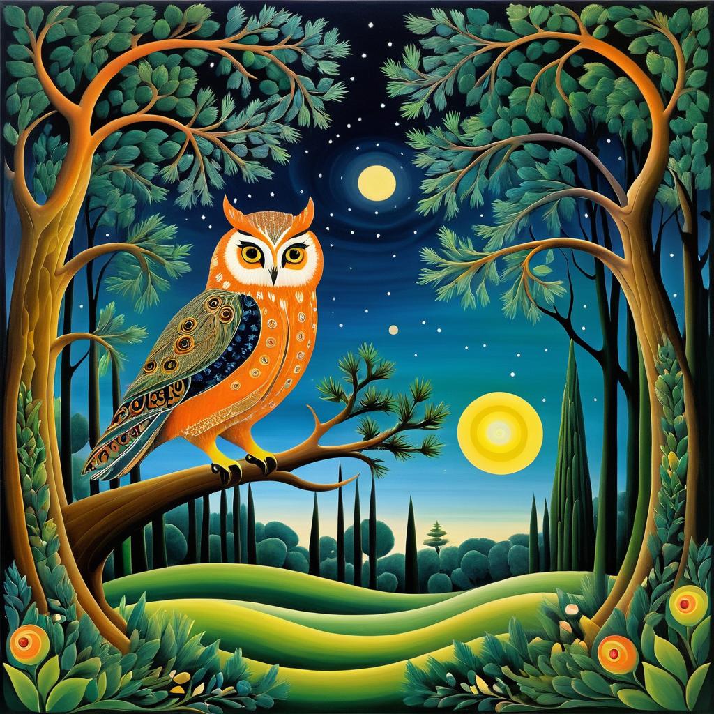 Dreamlike Owl and Cedar Tree Scene