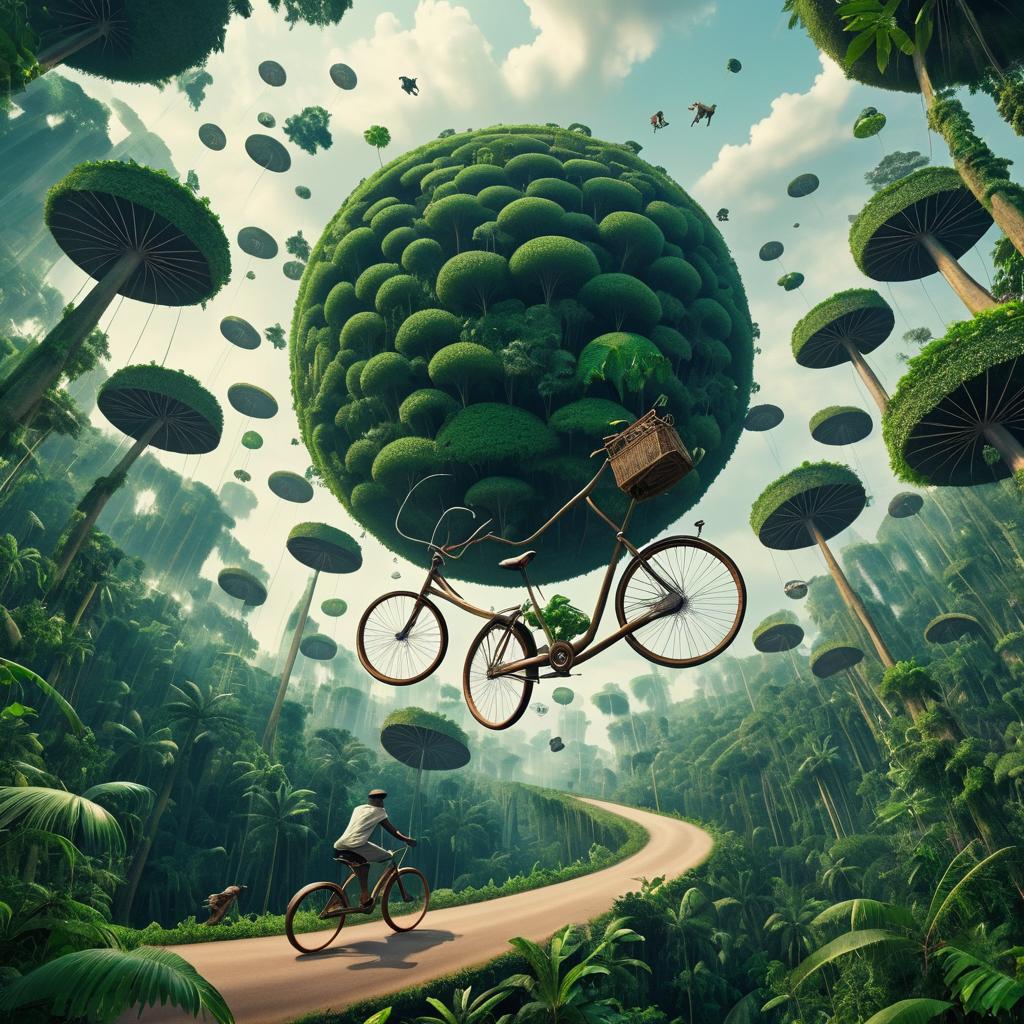 Surreal Scene: Bicycle Falling with Elephants