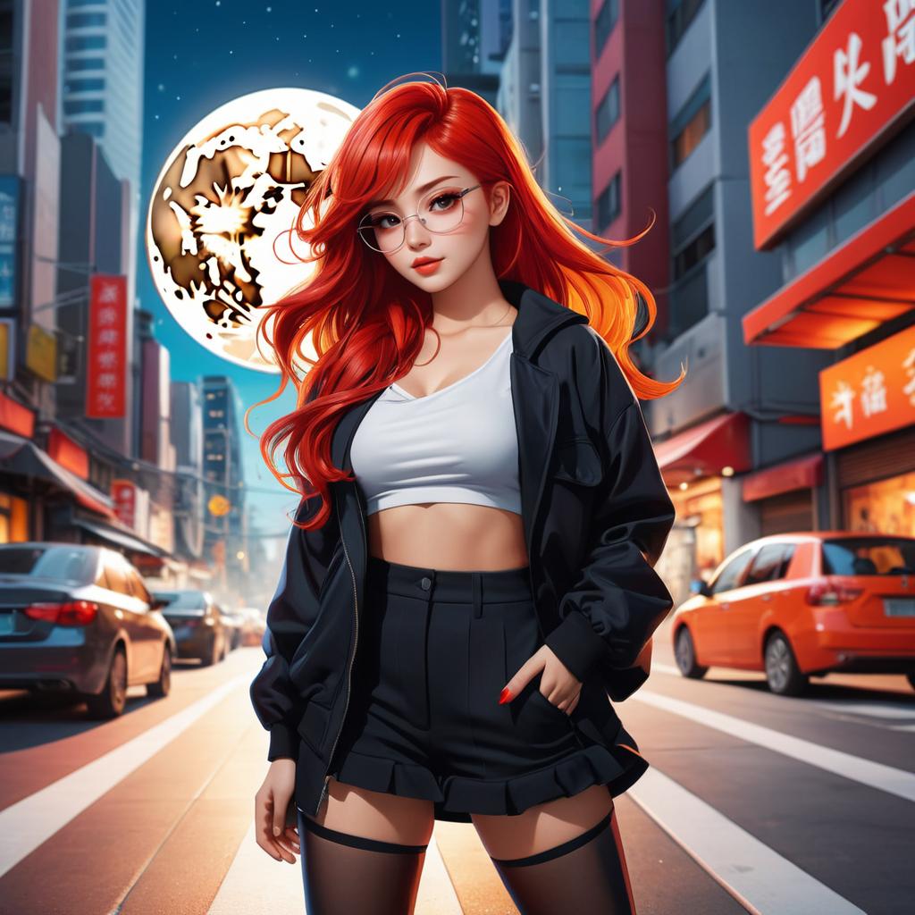 Anime Girl with Red Hair in Urban Scene