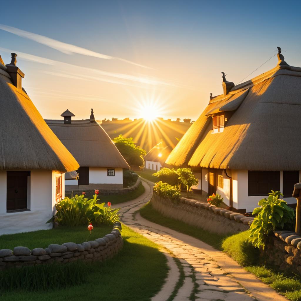 Sunrise Over a Charming Village Scene