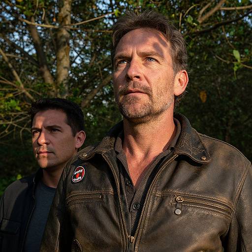 Photograph of a rugged, middle-aged man with short dark hair and a beard, wearing a black leather jacket, standing outdoors with another man in the