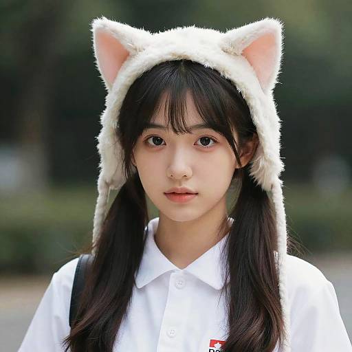 Photograph of an Asian girl with long black hair, wearing a white cat-eared hat and white shirt, standing outdoors.
