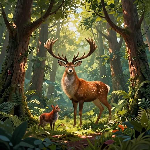 Digital painting of a lush forest with sunlight filtering through trees. A majestic stag with large antlers stands center, surrounded by ferns and a smaller deer