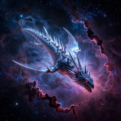 Digital artwork of a glowing, blue and white spiky dragon soaring through a vibrant, cosmic nebula with pink and purple clouds.